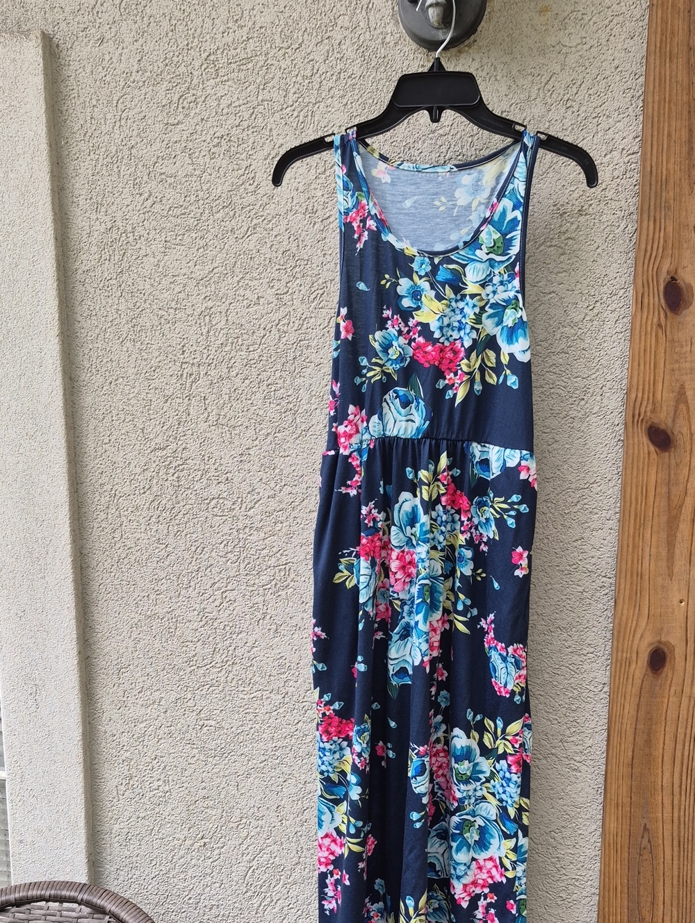 Navy Floral Scoop Maxi Dress with Blue & Pink Blooms